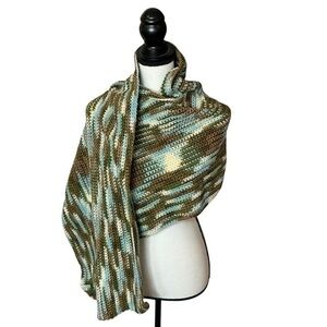Handcrafted Crochet Wide Scarf Wrap White Green Brown Cold Weather Knit Handmade
